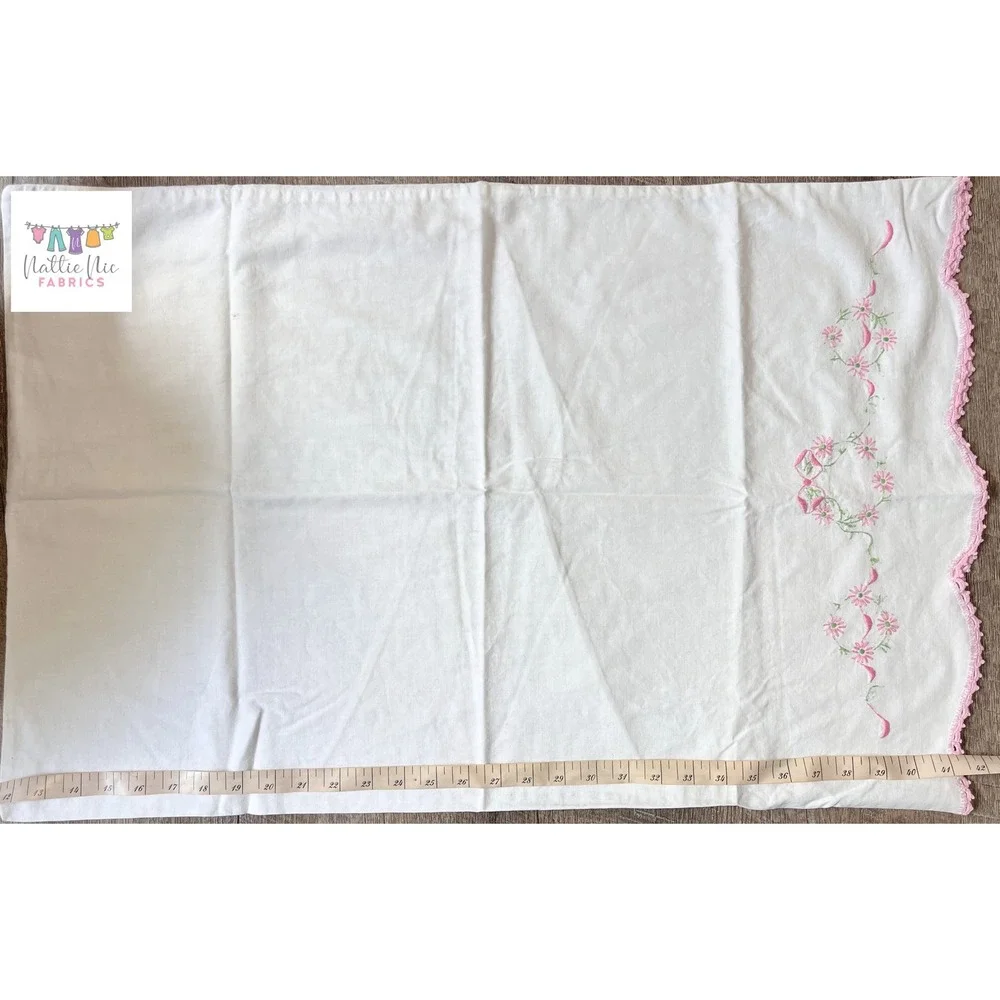 Vintage Pillowcase with pink embroidery and pink crochet trim‎